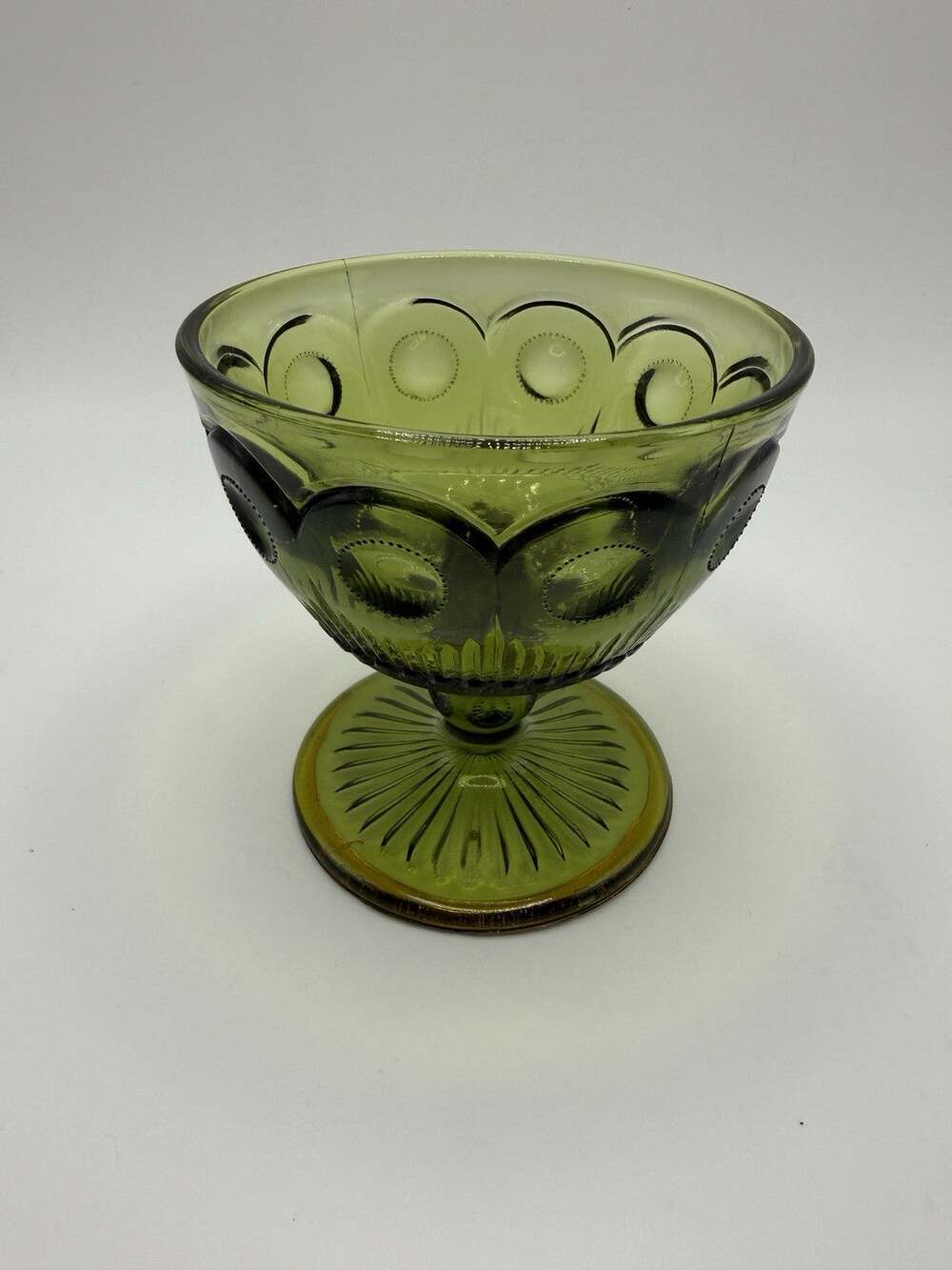Vintage Bartlett Collins Manhattan Bullseye Desserts Green Glass Indiana 3.6”